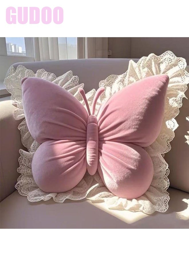 GUDOO وسادة فراشة، وأريكة على شكل فراشة مزخرفة بثاث، وكراسي مكتبية، وكراسي سيارات، وسادة دعم خصرية مخملية (وردية) - Image 1